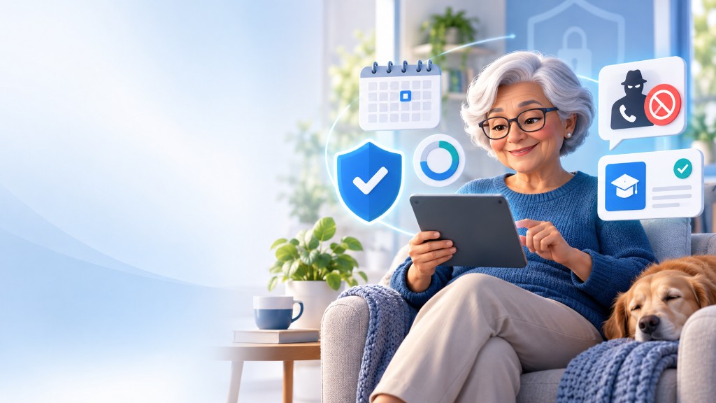 An older adult sitting with a tablet and a dog nearby, surrounded by weekly lesson, scam-protection, and learning icons